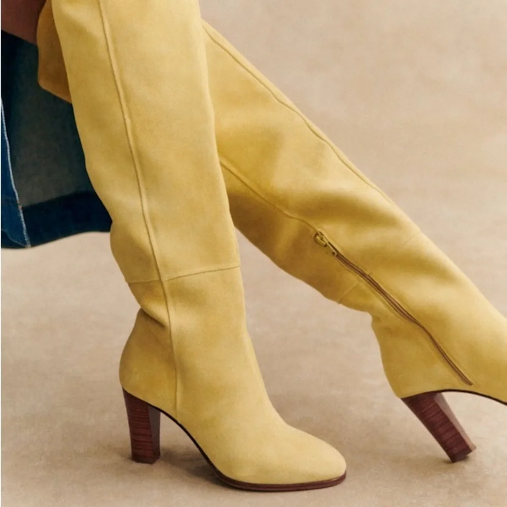 Sezane Anaelle Thigh High Suede Leather Over The Knee Pointy Boots Lemon Yellow